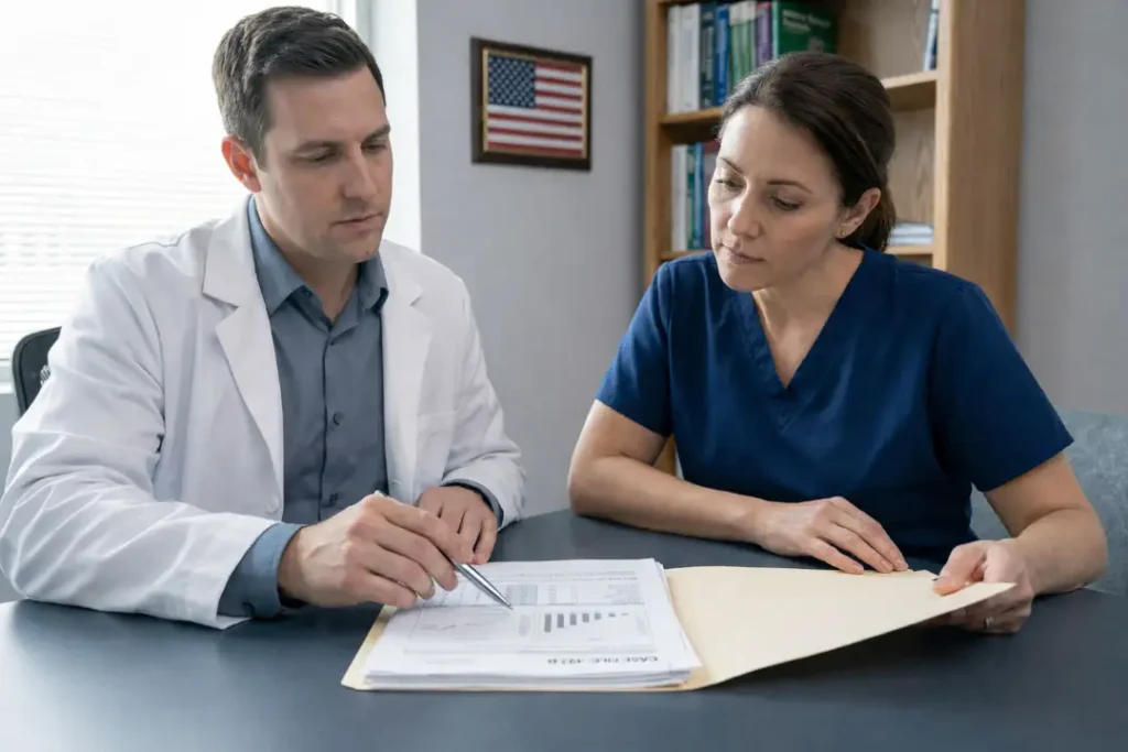 Clinical reviewers examining a medical case file