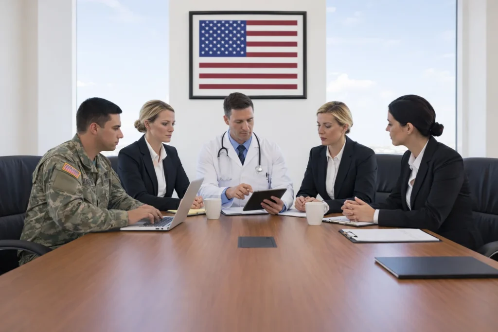 doctor soldier business meeting usa flag
